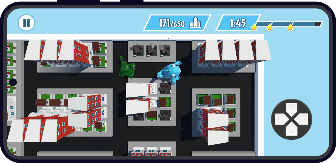 Interface do jogo em um mockup de celular, mostrando a visão de cima para baixo do gameplay.