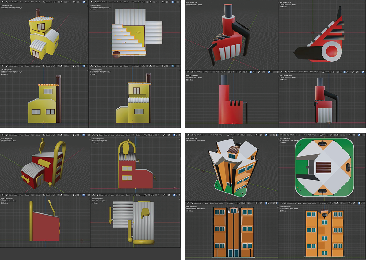 Grid de 4 imagens, mostrando 4 diferentes construções que serão usadas no jogo.