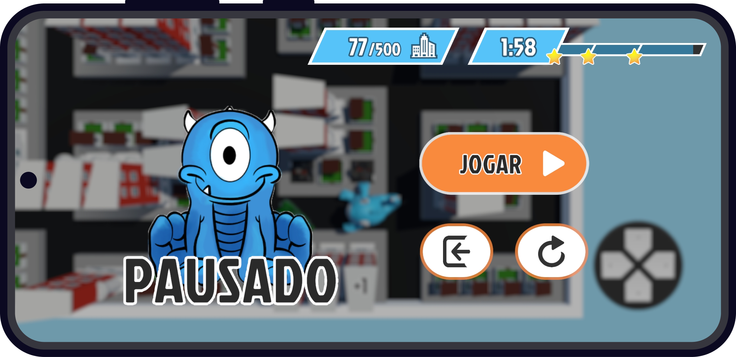 Interface do jogo em um mockup de celular, mostrando a tela de pausa. O MAQ-11 aparece sob o texto Pausado, com os botoões ao lado