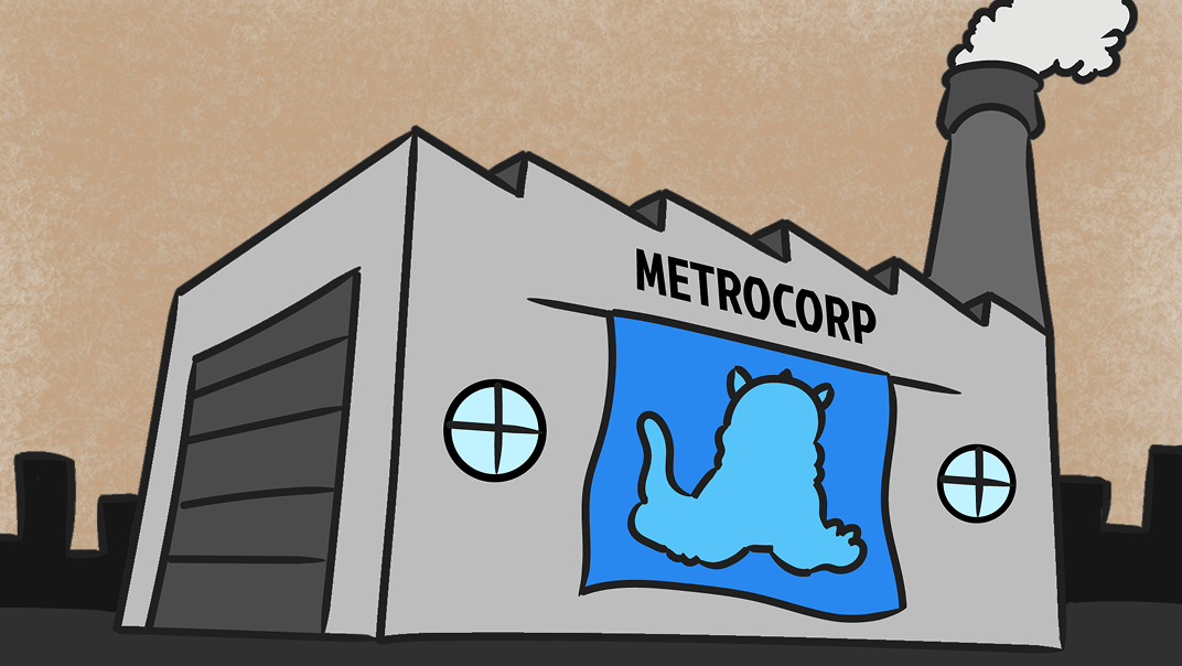 Fachada da fábrica Metrocorp, com uma bandeira mostrando a silhueta do monstro arrasa-quarteirão.