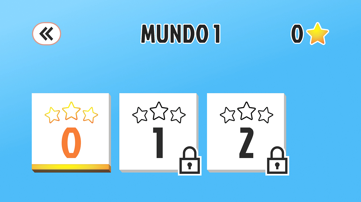 Tela de seleção de fases, com a primeira fase marcada em dourada, aberta para jogar, e as demais em cinza, ainda bloqueadas.