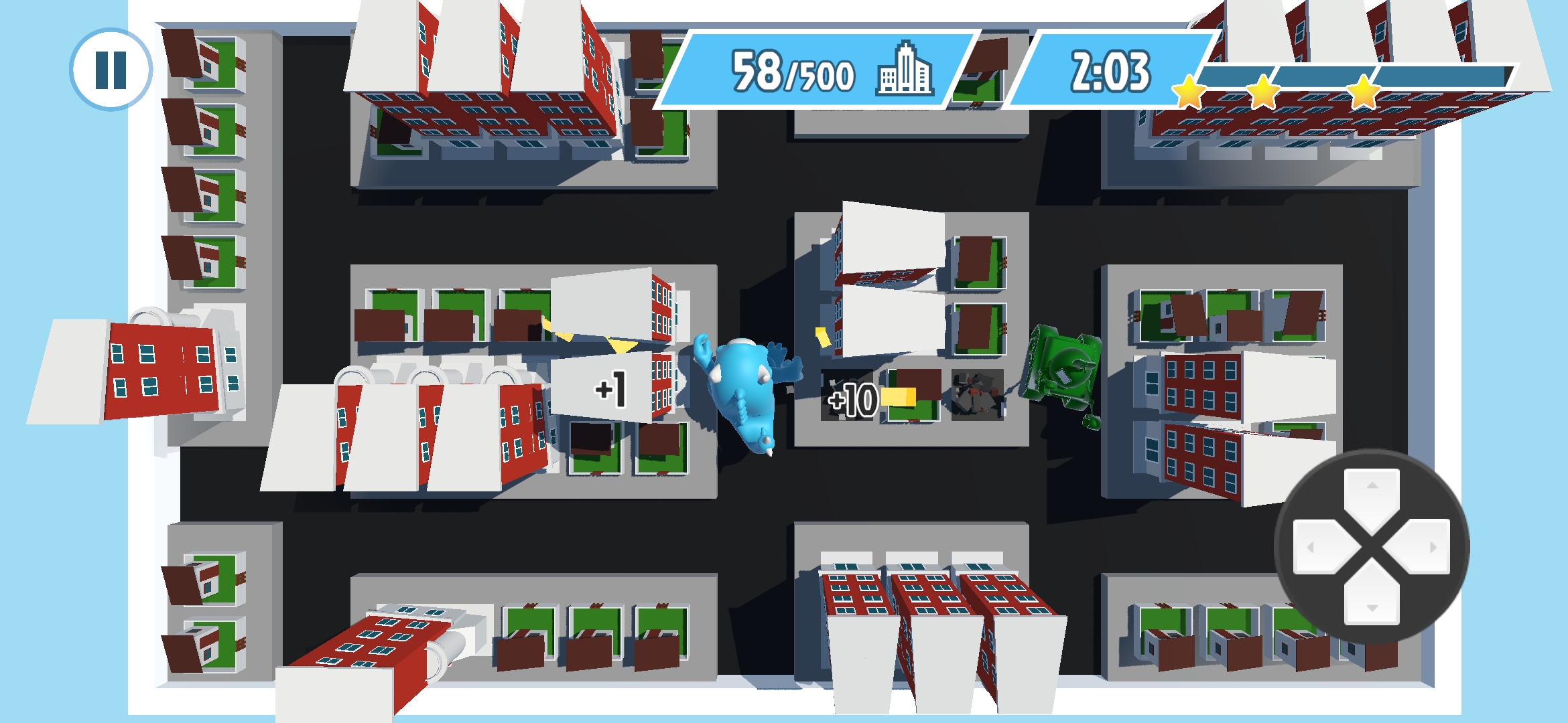 Taking control of the MAQ-11 monster, the player needs to cause maximum destruction, with each demolished building adding to the score tracker in the UI. Players must balance racking up points with the challenge of escaping the relentless military tank.