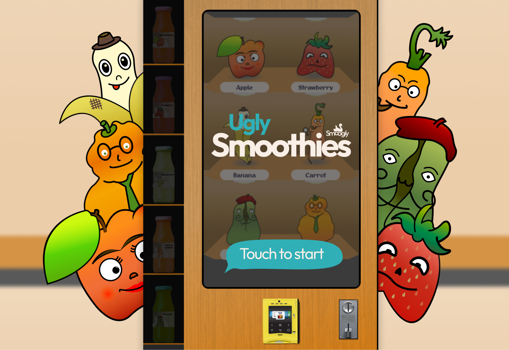 Vending machine surrounded by cartoon ugly fruits