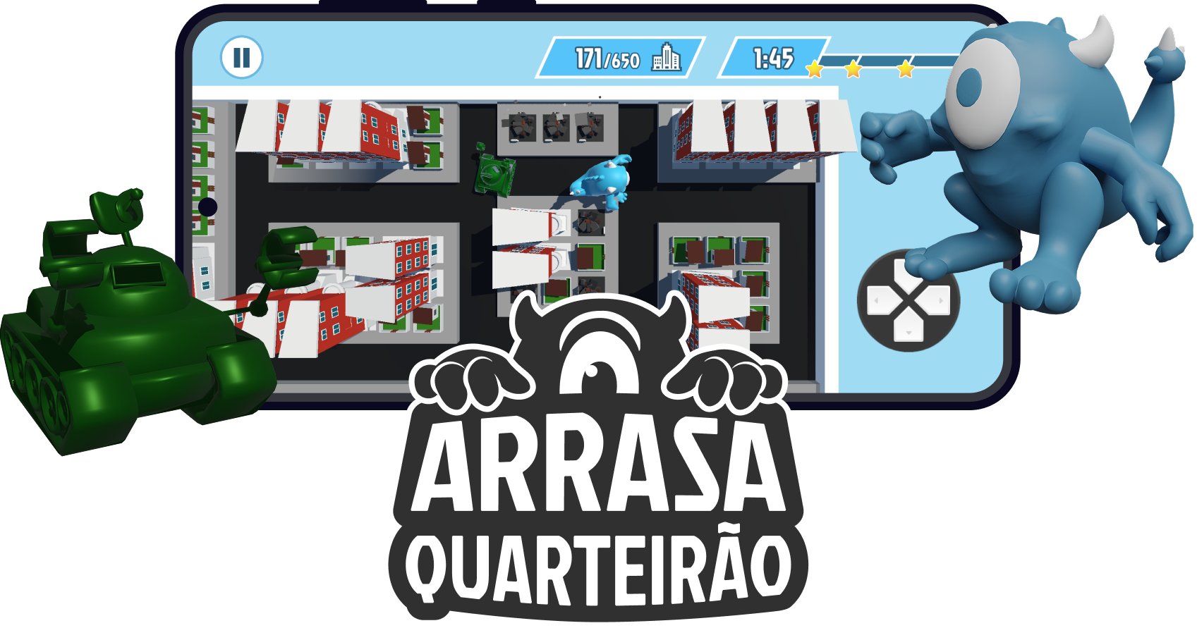 Arrasa Quarteirão highlight. A phone in the middle shows the game open, with the player running away from the enemy around the city. Around the phone two 3D elements are shown, the MAQ-11 character blue monster and the green military tank enemy. Under the phone there's the game logo.