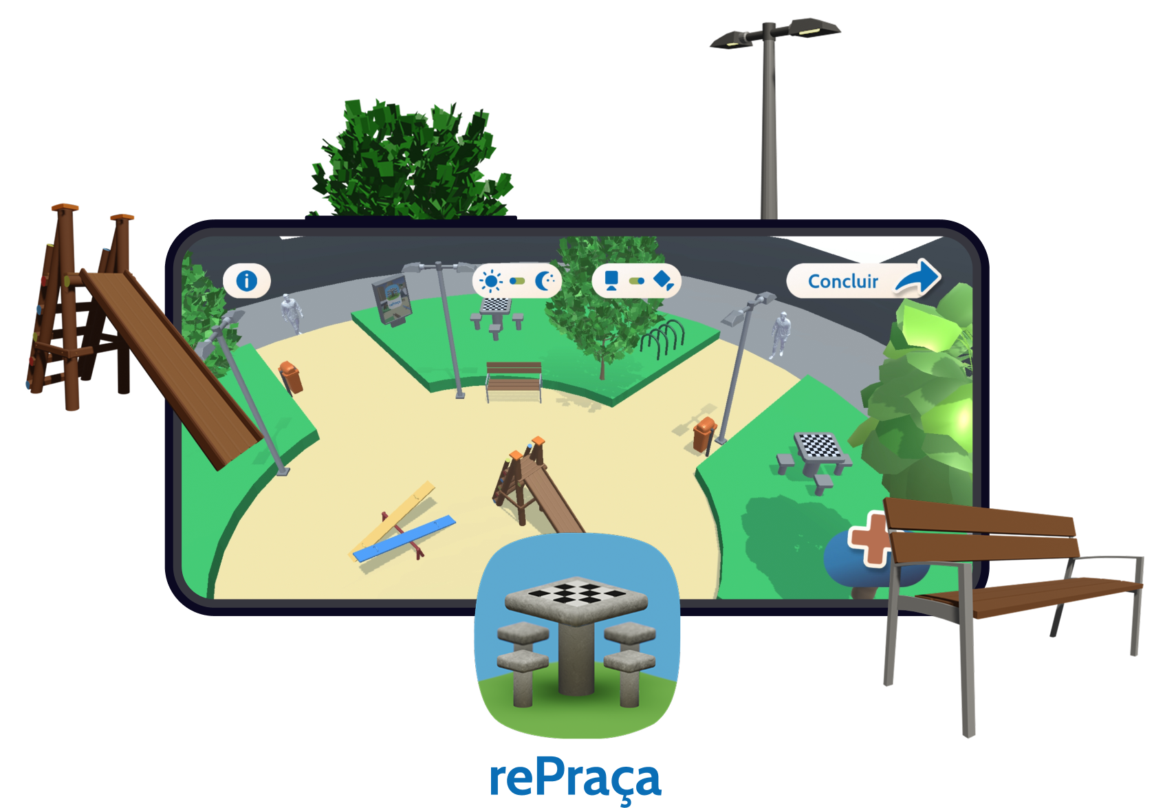 rePraça highlight. A phone in the middle shows the app open, with the user editing a public plaza. Around the phone, many of the 3D urban objects are displayed, such as street benches and a light pole. On the bottom of the image there is the rePraça project logo