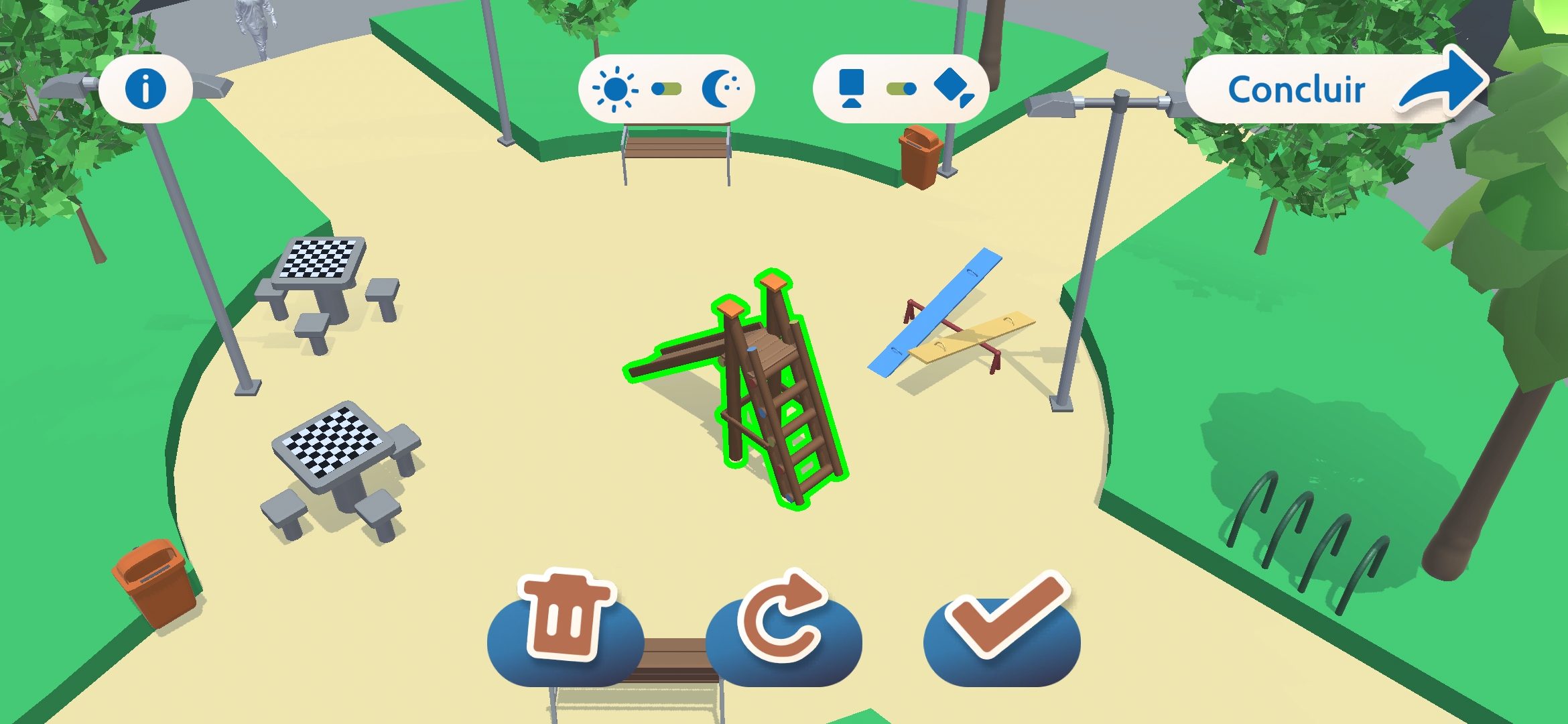 User editing the position of a slide on their imagined square. The editing controls only appear when you need them: tapping an object brings up a menu to delete, rotate, or position it.