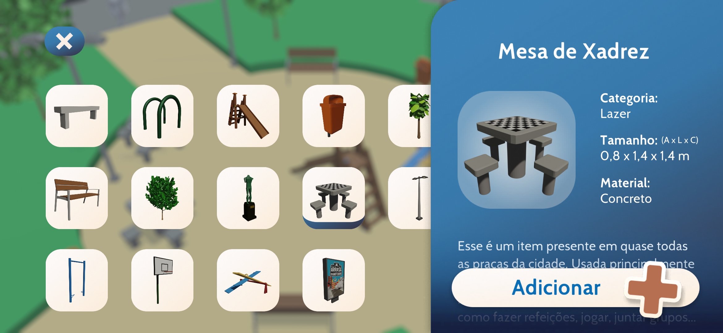 Users have acces to various furniture items to build their ideal plaza. The catalog shows every available item, from benches to basketball hoops. Selecting one, like this chess table, pulls up more details so you can decide if it's the right fit before placing it in the scene.