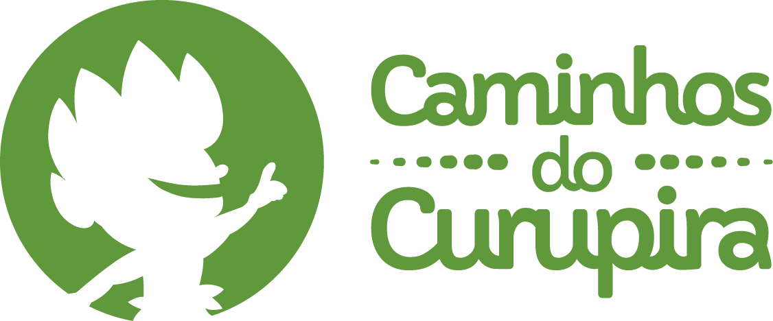 Logo with a drawn character, the Curupira, and the Caminhos do curupira name written next to it