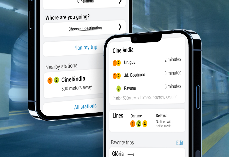 Metro Rio app mockup on 2 phones