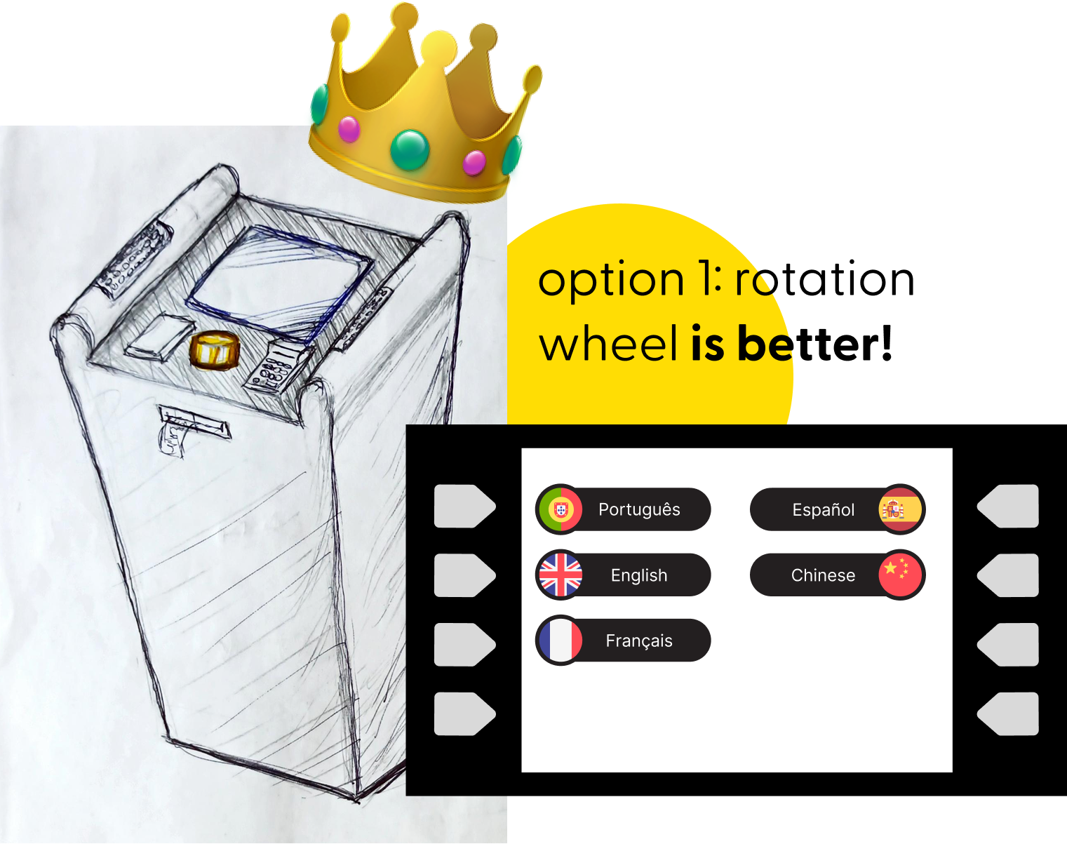Option 1 draft, with a crown on top, and option 2 first screen. The text rads option 1 is better