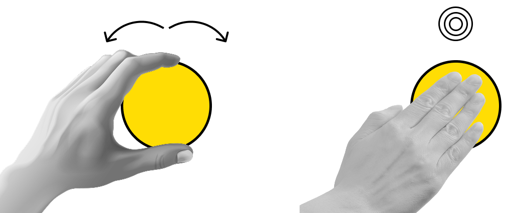 Two images showing the machine controls, on the left a hand rotates the wheel, rotating the options on the screen. On the right, pressing the wheel selects the current option