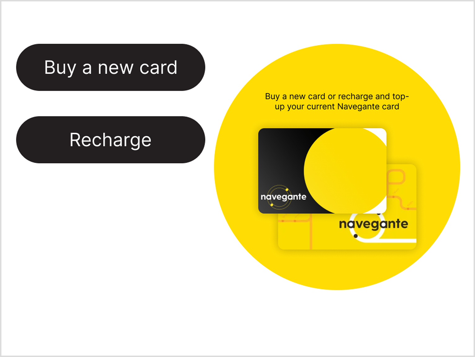 Screen of the card selection. It has a circle on the right side, and the left side buttons shows the options to either buy a new one or reload an existing card