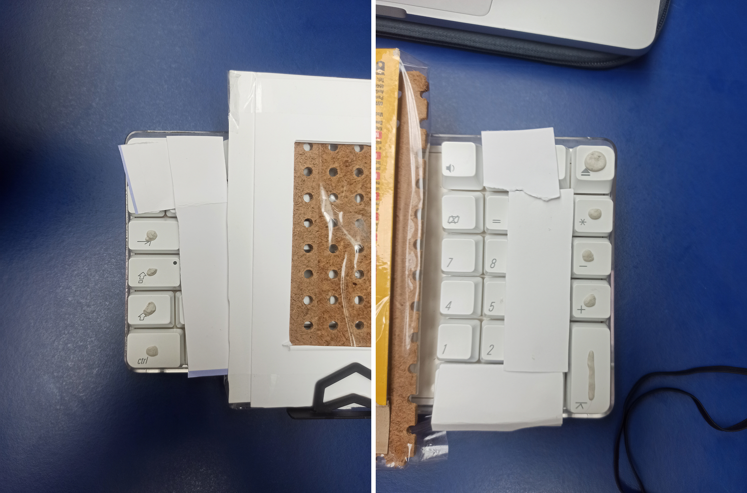 Physical prototype of Option 2, showing a computer keyboard with all the buttons covered but 4 on each side.