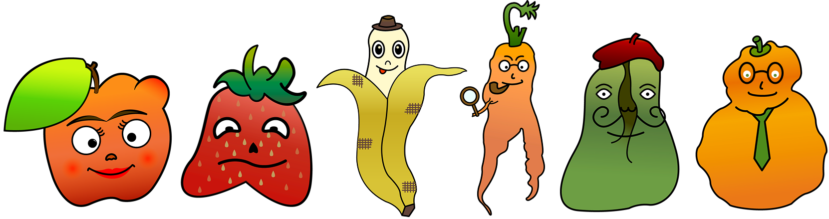 the 6 drawn ugly fruits of this project, side by side