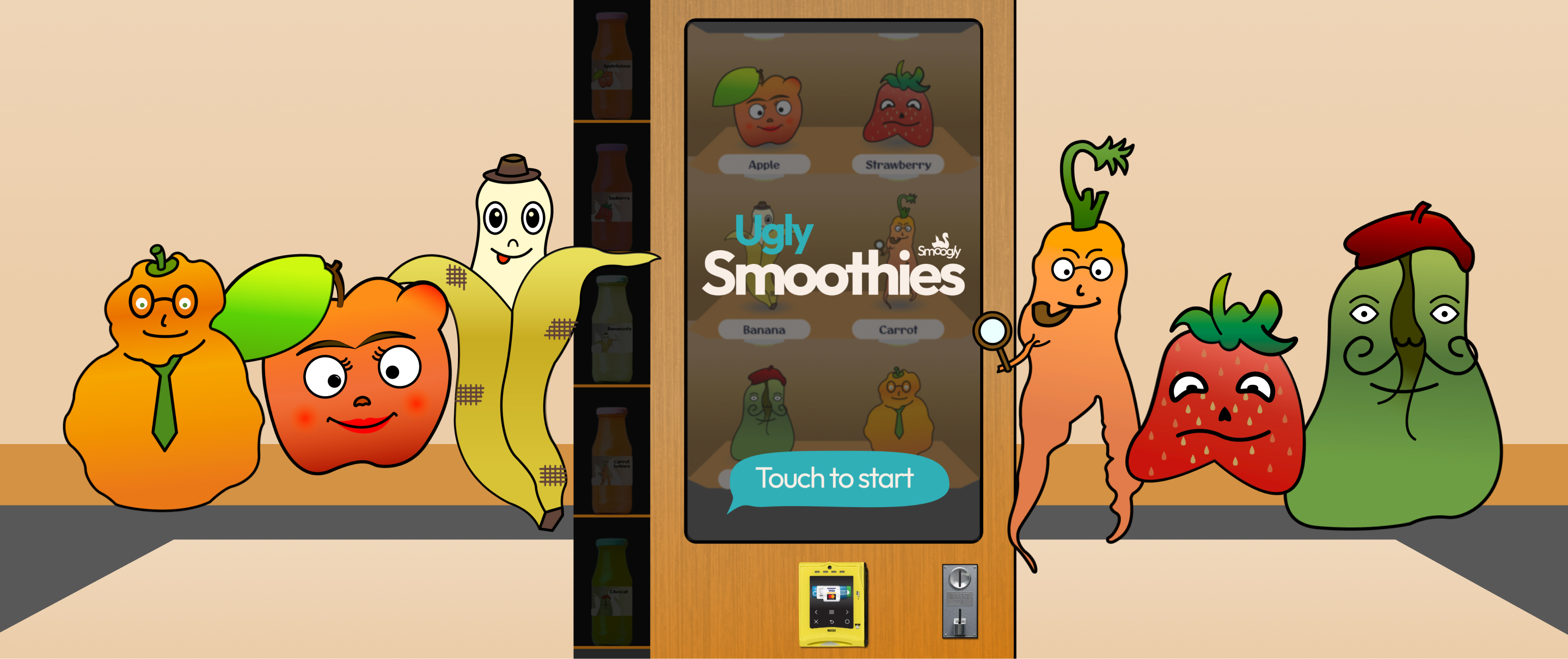 Vending machine with the designed UI in the middle, surrounded by the 6 ugly fruits designed for the project, 3 on each side.
