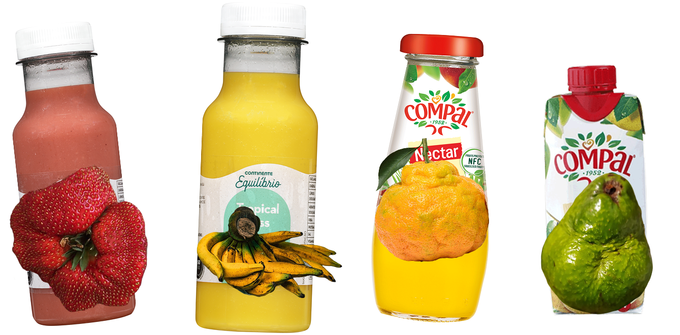 Ugly fruits stitched in front of four bottles of current sold juices