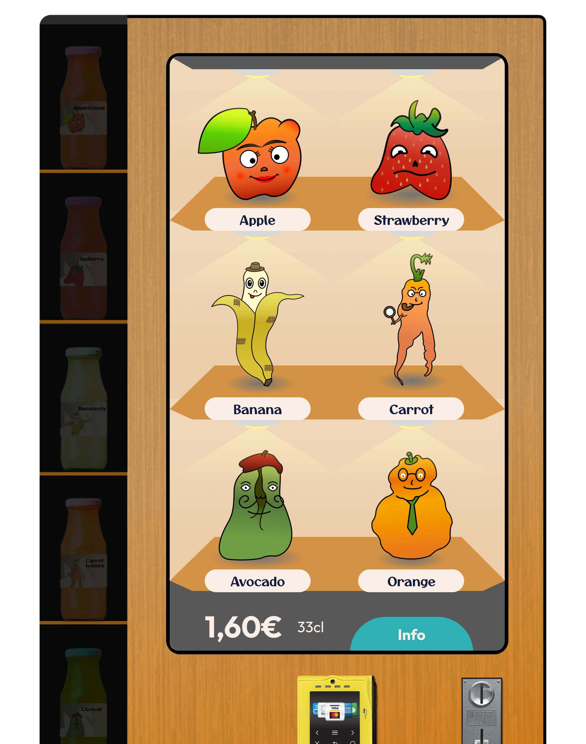 Main screen of the vending machine, showing the anthropomorphized fruit characters designed to make ugly fruits feel more relatable.