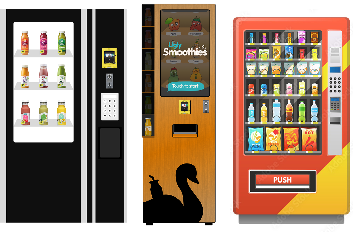 three vending machines with smoogly in the middle