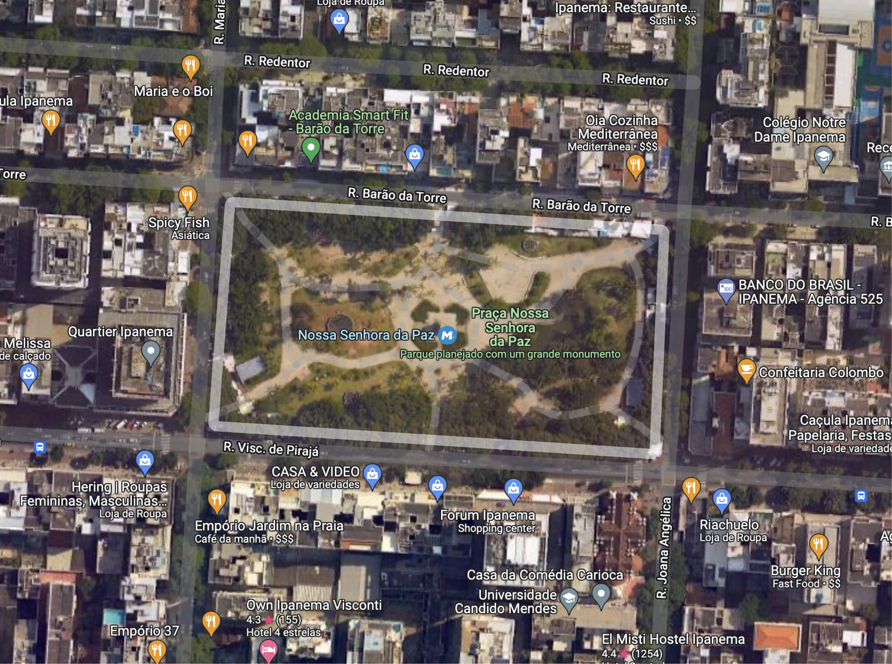 Mapa com o tamanho da praça destacado