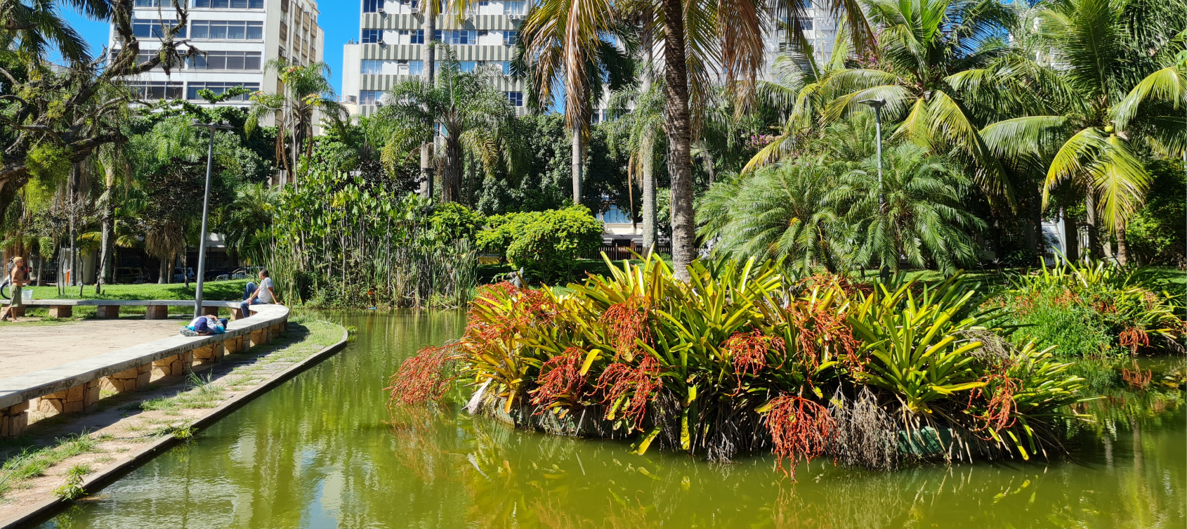 Lago com banco de concreto ao redor