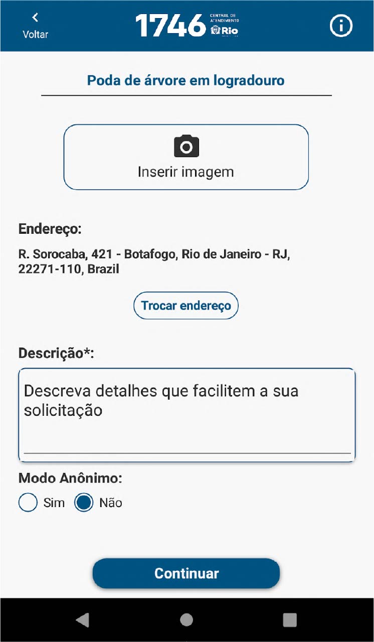 Interface do aplicativo 1746